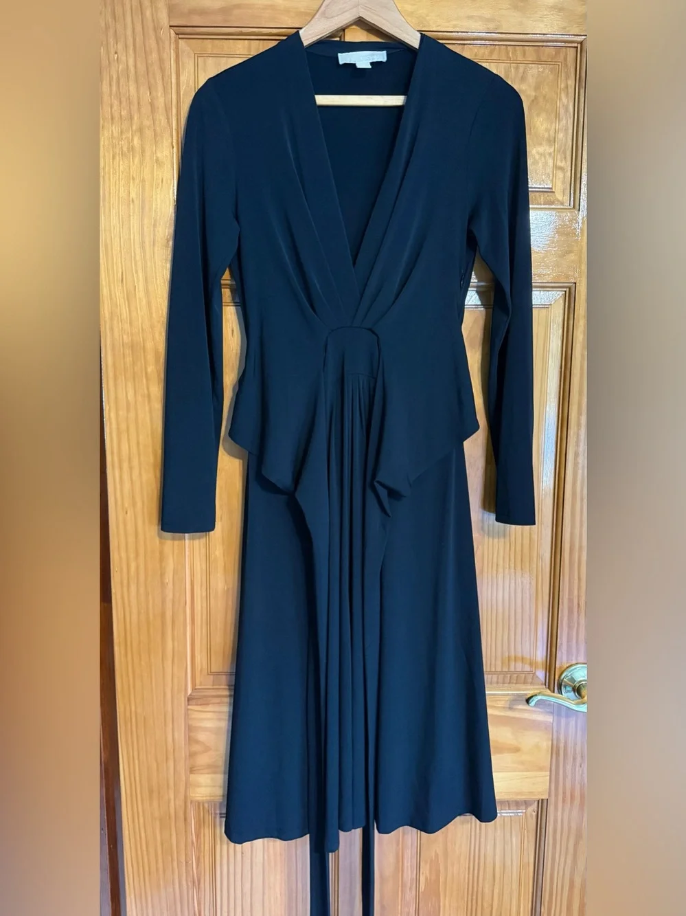 Michael Kors Black Long-Sleeve V-Neck Wrap Midi Dress